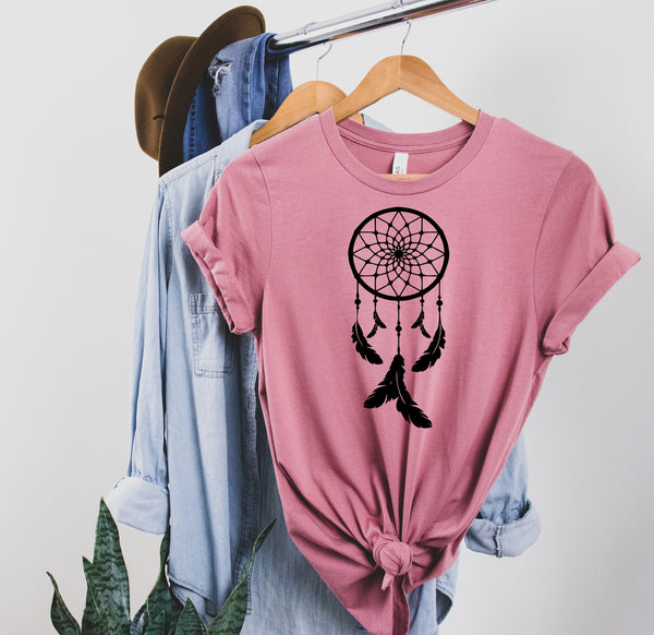 Dreamcatcher T-Shirt, Native Dream Catcher Cotton Tee, Dreamer Woman Shirt, Glitter Accent Feathers, Tribal Feathers Shirt, Gift for Xmas
